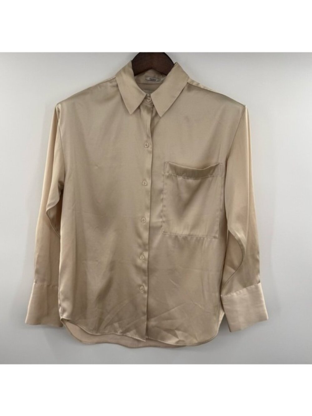Abercrombie & Fitch Oversized Button Up Shirt Womens XXS Beige Satin Pocket
